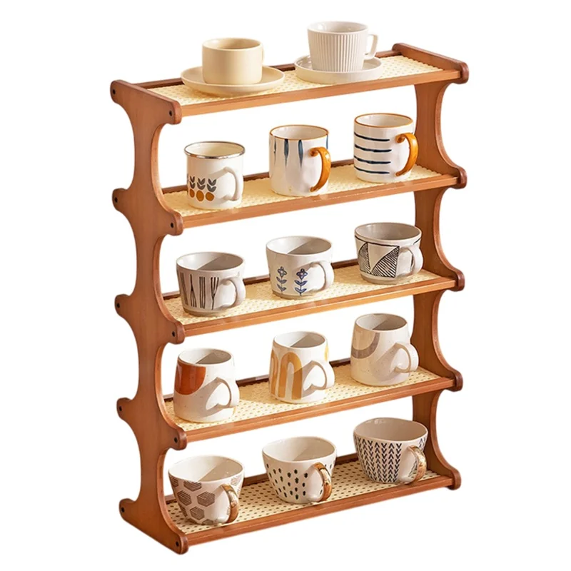 371DGNZWJ-11 50cm Length 5 Layers Tea Cup Storage Rack Bamboo Frame Imitation Rattan Countertop Organizer for Mugs - Tawny