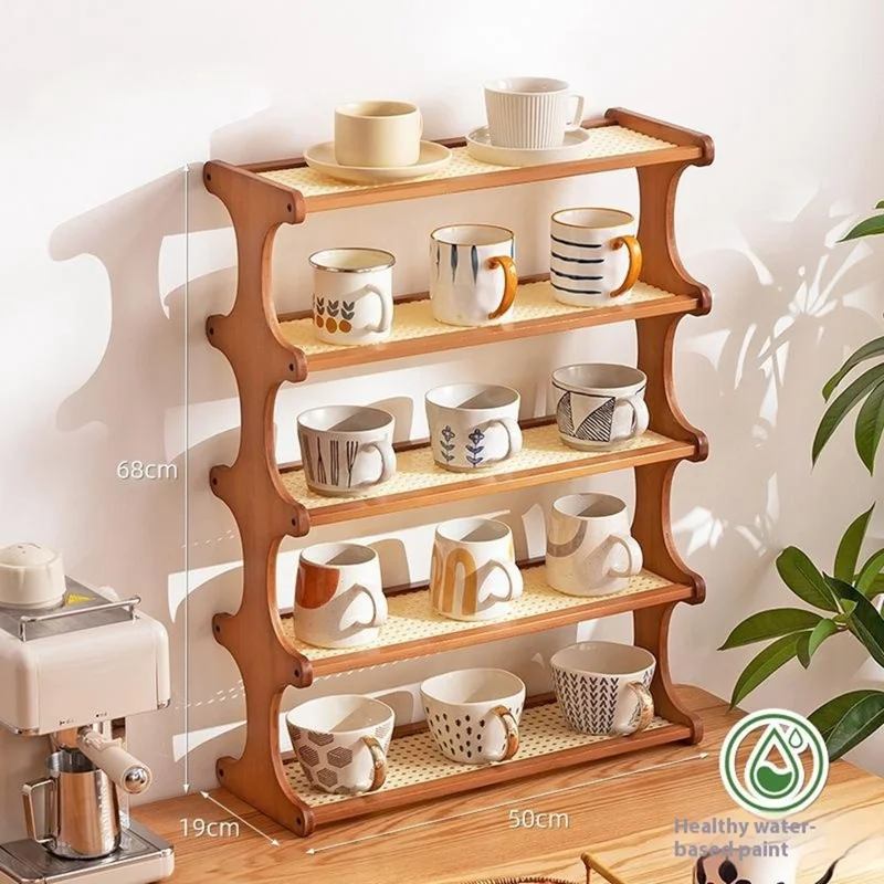 371DGNZWJ-11 50cm Length 5 Layers Tea Cup Storage Rack Bamboo Frame Imitation Rattan Countertop Organizer for Mugs - Tawny
