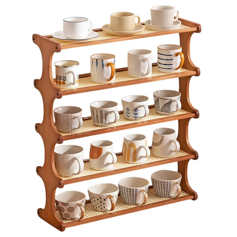371DGNZWJ-12 60cm Length 5 Layers Tea Cup Storage Rack Bamboo Frame Imitation Rattan Countertop Organizer for Mugs - Tawny