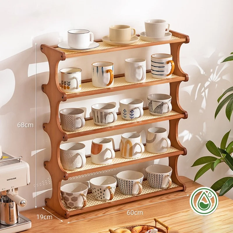371DGNZWJ-12 60cm Length 5 Layers Tea Cup Storage Rack Bamboo Frame Imitation Rattan Countertop Organizer for Mugs - Tawny