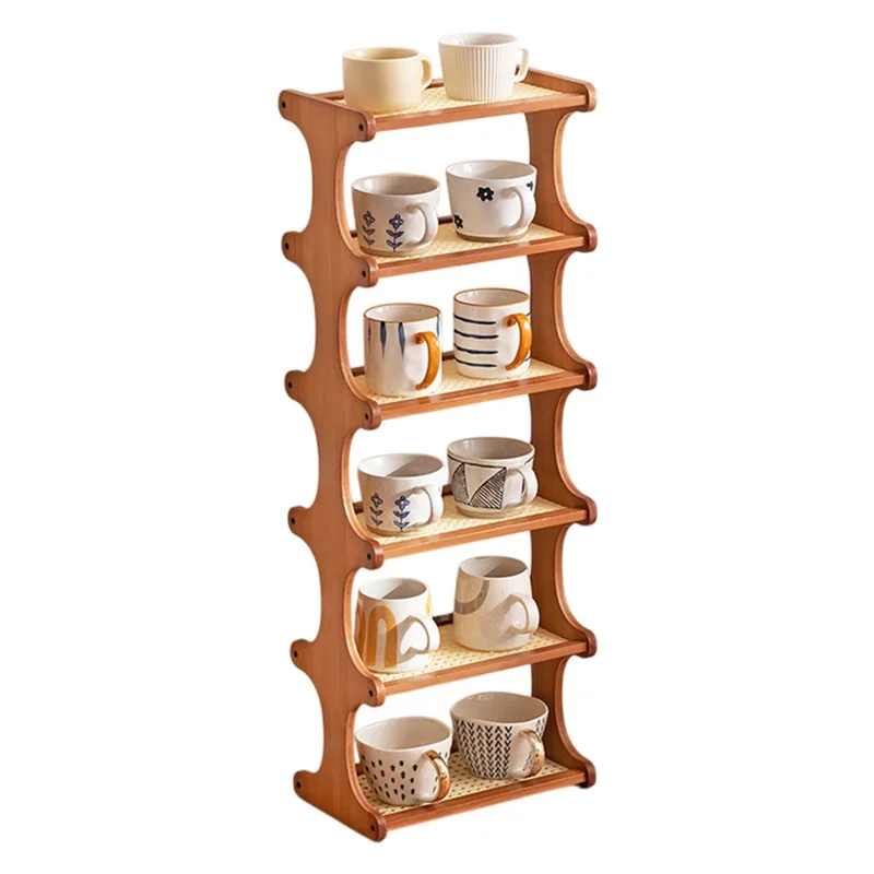 Support-tasses de 30 cm en bambou à 6 niveaux avec design imitation rotin - Organisateur de comptoir pour tasses, Ton Tawny