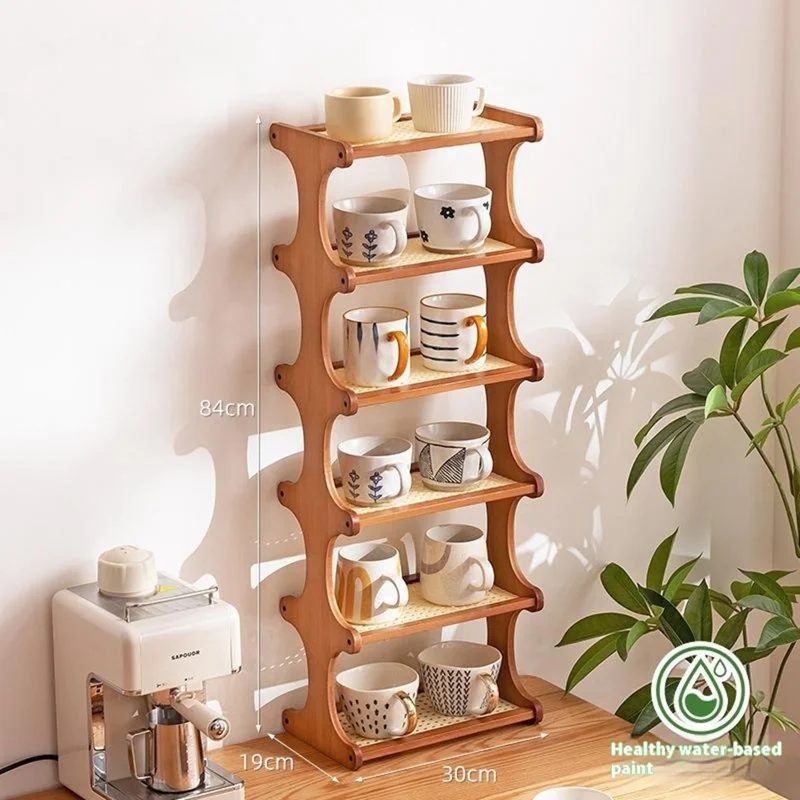 Support-tasses de 30 cm en bambou à 6 niveaux avec design imitation rotin - Organisateur de comptoir pour tasses, Ton Tawny