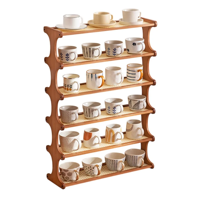 Suporte de Armazenamento para Xícaras de 60 cm com 6 Camadas - Estrutura de Bambu, Estilo Rattan, Organizador de Balcão para Canecas - Marrom Claro
