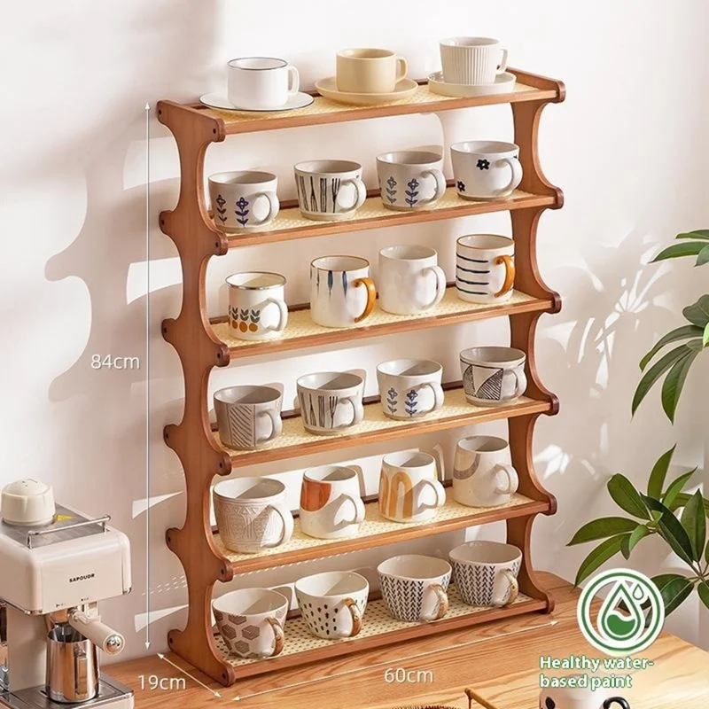 Suporte de Armazenamento para Xícaras de 60 cm com 6 Camadas - Estrutura de Bambu, Estilo Rattan, Organizador de Balcão para Canecas - Marrom Claro
