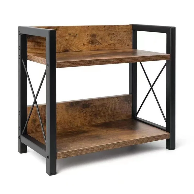 Multifunction Kitchen Counter Organizer Rack Coffee Bar Iron Frame Wooden Board Storage Shelf