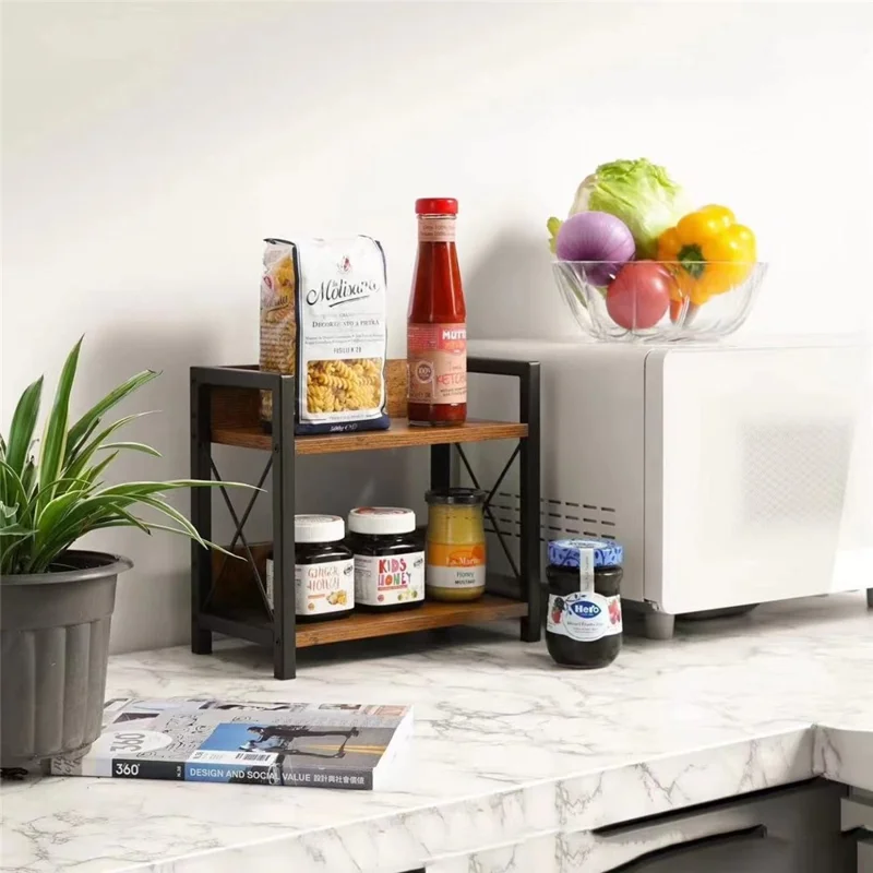 Multifunction Kitchen Counter Organizer Rack Coffee Bar Iron Frame Wooden Board Storage Shelf