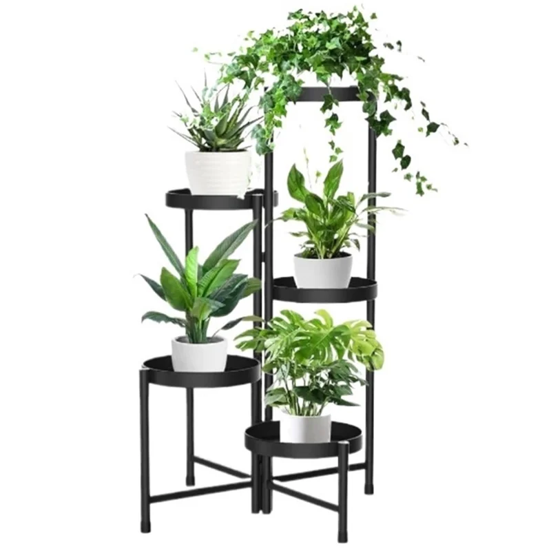 5 Tiers Foldable Plant Stand Indoor Outdoor Flower Pot Holder Metal Display Rack for Balcony Garden