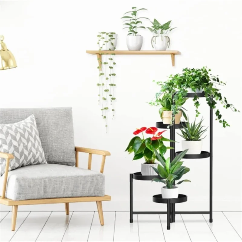 5 Tiers Foldable Plant Stand Indoor Outdoor Flower Pot Holder Metal Display Rack for Balcony Garden