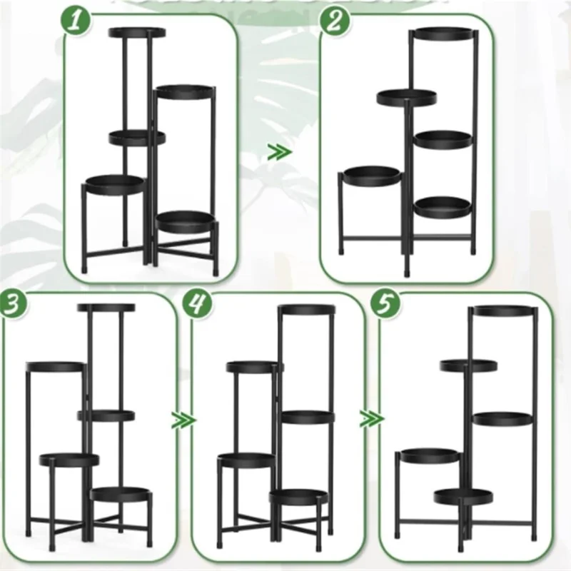 5 Tiers Foldable Plant Stand Indoor Outdoor Flower Pot Holder Metal Display Rack for Balcony Garden