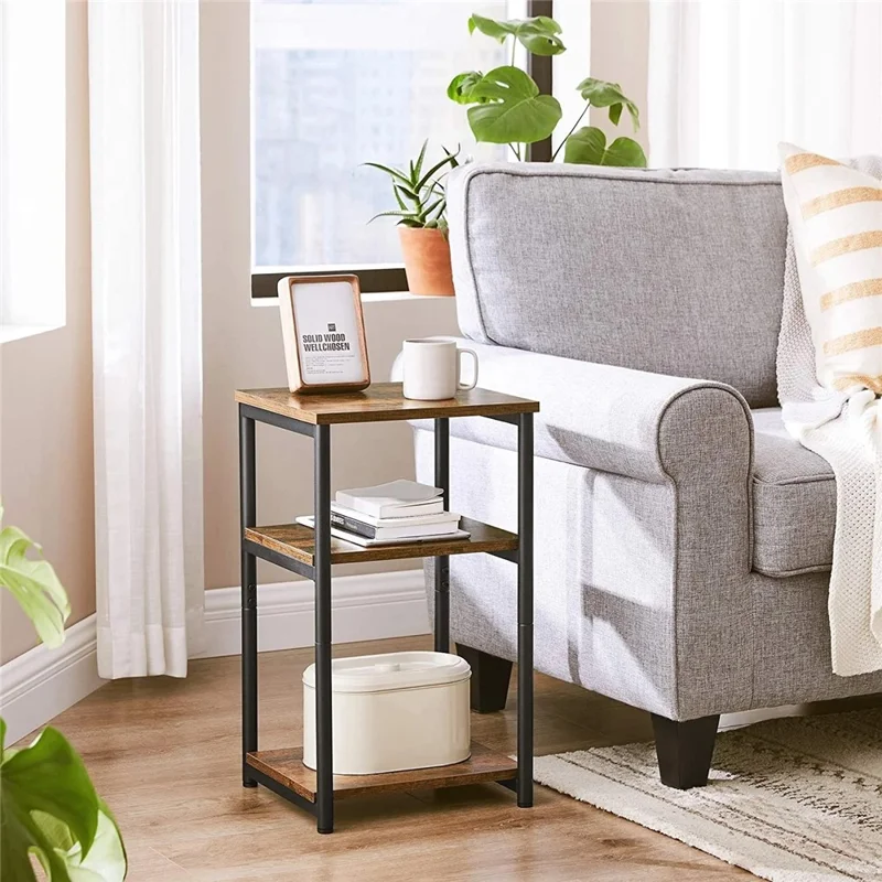 3 Tiers Bedside Sofa Side Table Wooden Storage Rack for Bedroom Living Room Organizer