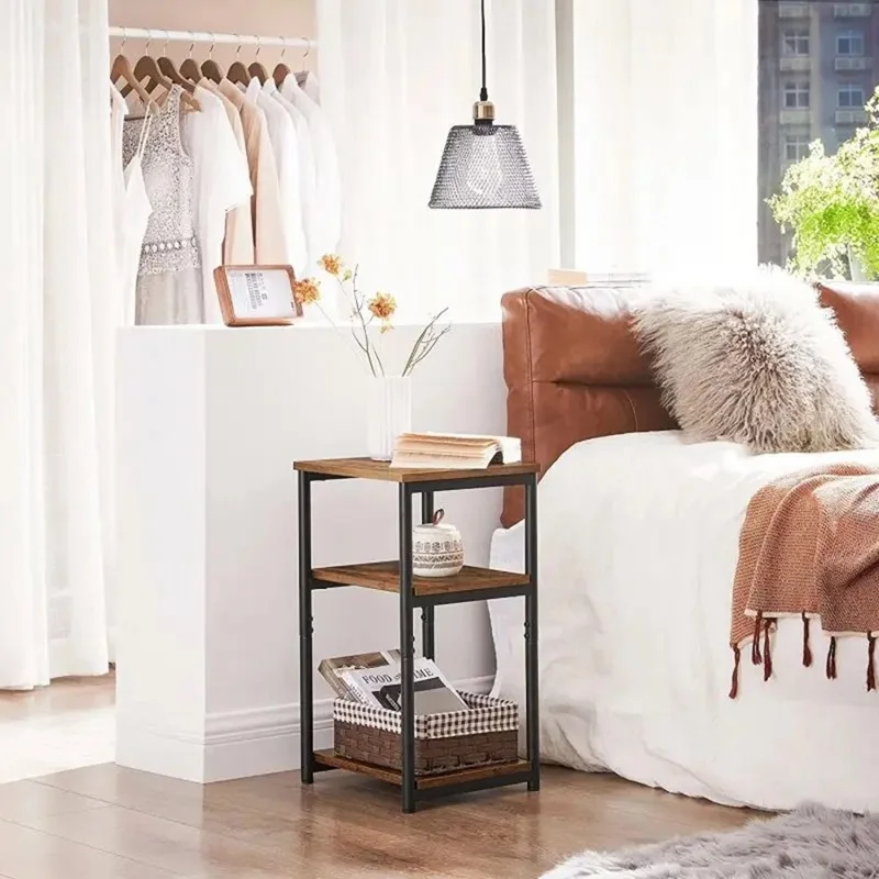 3 Tiers Bedside Sofa Side Table Wooden Storage Rack for Bedroom Living Room Organizer