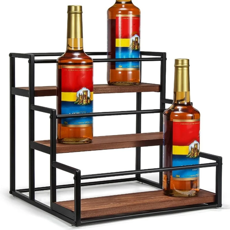 3 Tiers Desktop Organizer Display Stand Spice Rack Wooden Wine Bottle Holder for Kitchen Bar Counter