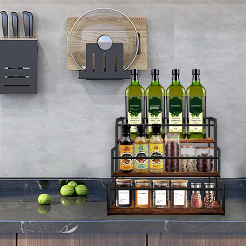3 Tiers Desktop Organizer Display Stand Spice Rack Wooden Wine Bottle Holder for Kitchen Bar Counter