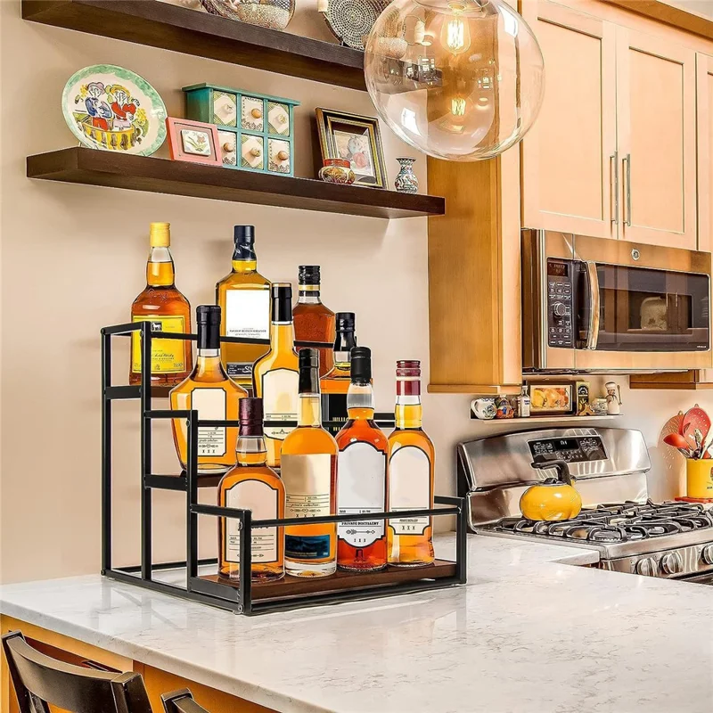 3 Tiers Desktop Organizer Display Stand Spice Rack Wooden Wine Bottle Holder for Kitchen Bar Counter