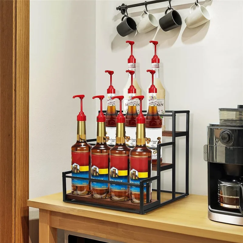 3 Tiers Desktop Organizer Display Stand Spice Rack Wooden Wine Bottle Holder for Kitchen Bar Counter