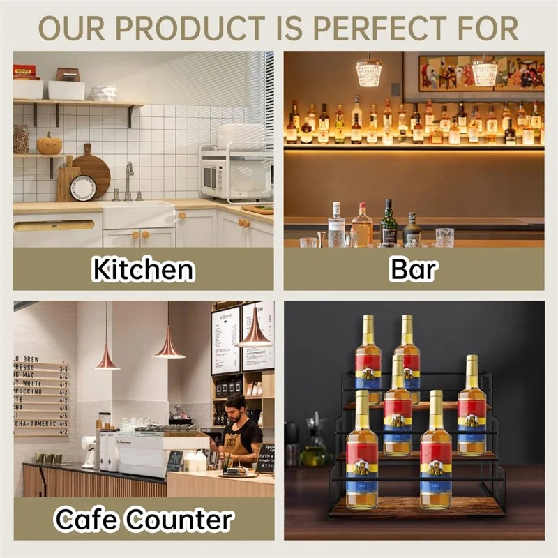 3 Tiers Desktop Organizer Display Stand Spice Rack Wooden Wine Bottle Holder for Kitchen Bar Counter
