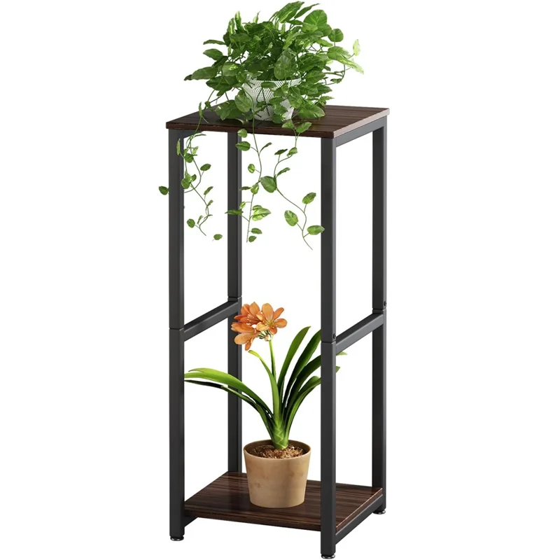 Soporte de Dos Niveles para Plantas de Interior, Estructura de Metal y Madera, Macetero Decorativo para Sala de Estar