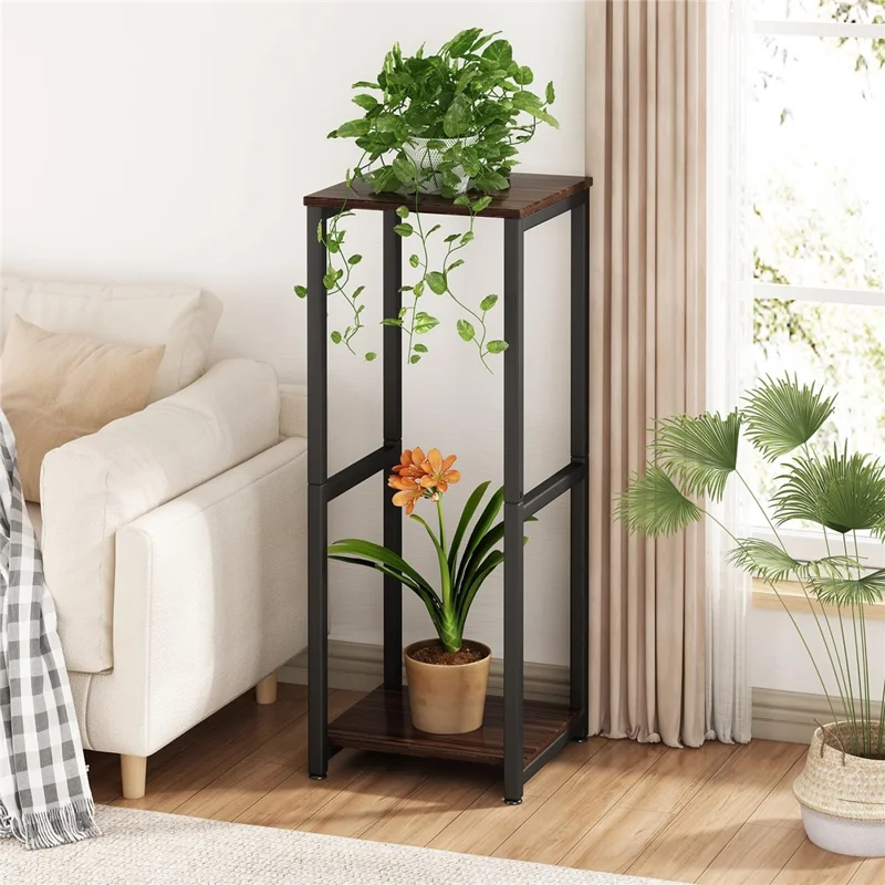 Soporte de Dos Niveles para Plantas de Interior, Estructura de Metal y Madera, Macetero Decorativo para Sala de Estar