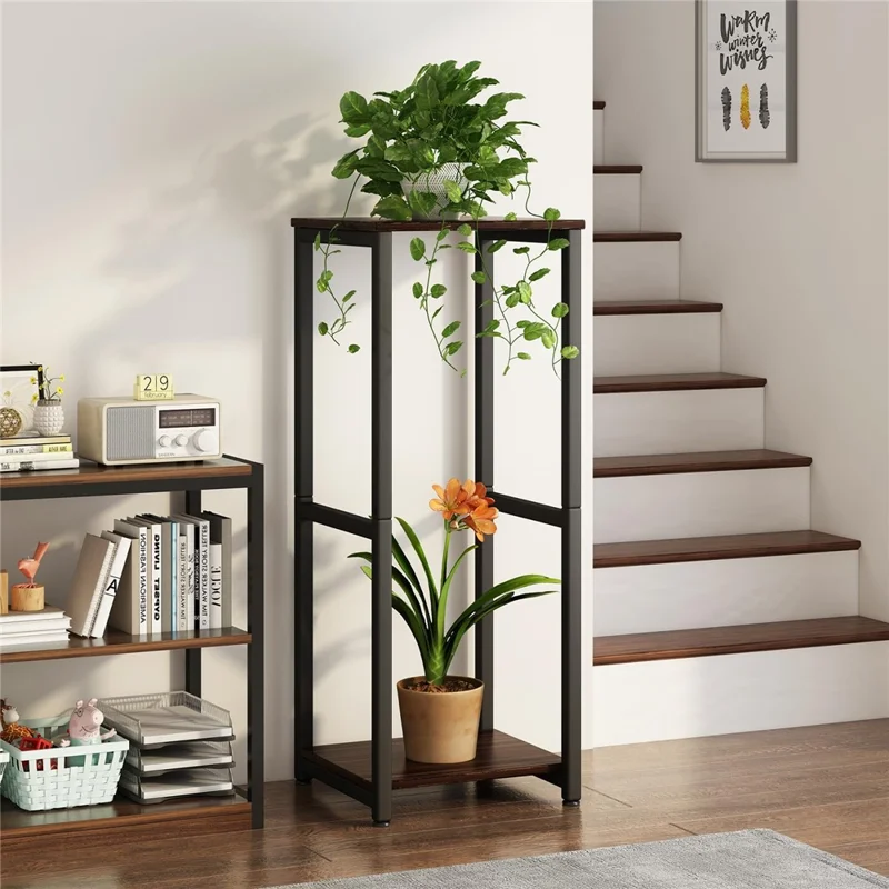 Soporte de Dos Niveles para Plantas de Interior, Estructura de Metal y Madera, Macetero Decorativo para Sala de Estar