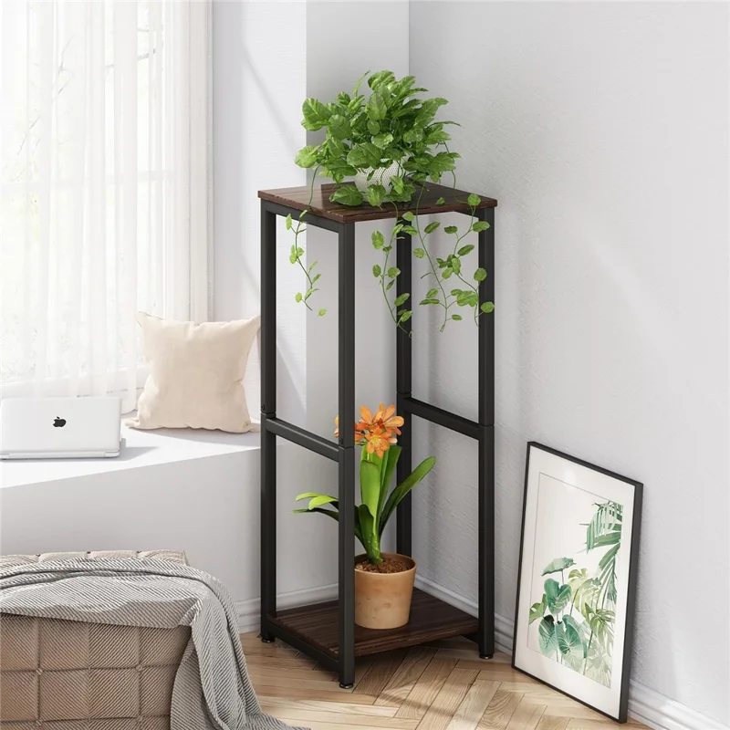 Soporte de Dos Niveles para Plantas de Interior, Estructura de Metal y Madera, Macetero Decorativo para Sala de Estar