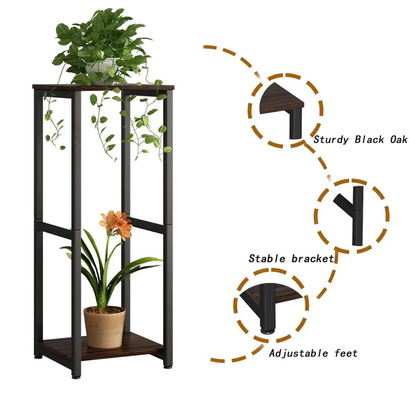 Soporte de Dos Niveles para Plantas de Interior, Estructura de Metal y Madera, Macetero Decorativo para Sala de Estar