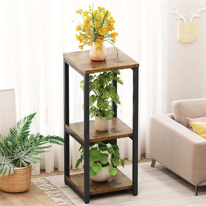 Estantería de 3 niveles para plantas de interior de metal + madera Macetero Soporte decorativo para sala de estar