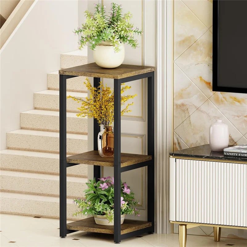 Estantería de 3 niveles para plantas de interior de metal + madera Macetero Soporte decorativo para sala de estar
