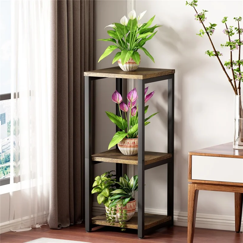 Estantería de 3 niveles para plantas de interior de metal + madera Macetero Soporte decorativo para sala de estar