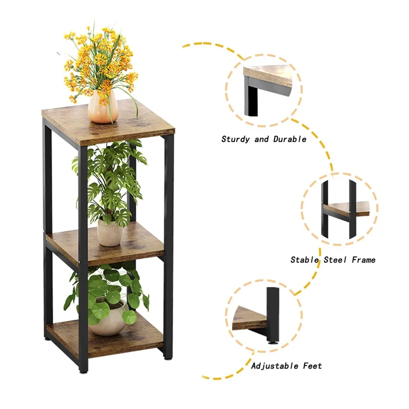 Estantería de 3 niveles para plantas de interior de metal + madera Macetero Soporte decorativo para sala de estar