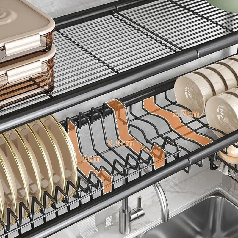 85.5cm Single Layer Kitchen Sink Dish Drying Rack Carbon Steel Bowls Plates Organizer Draining Shelf