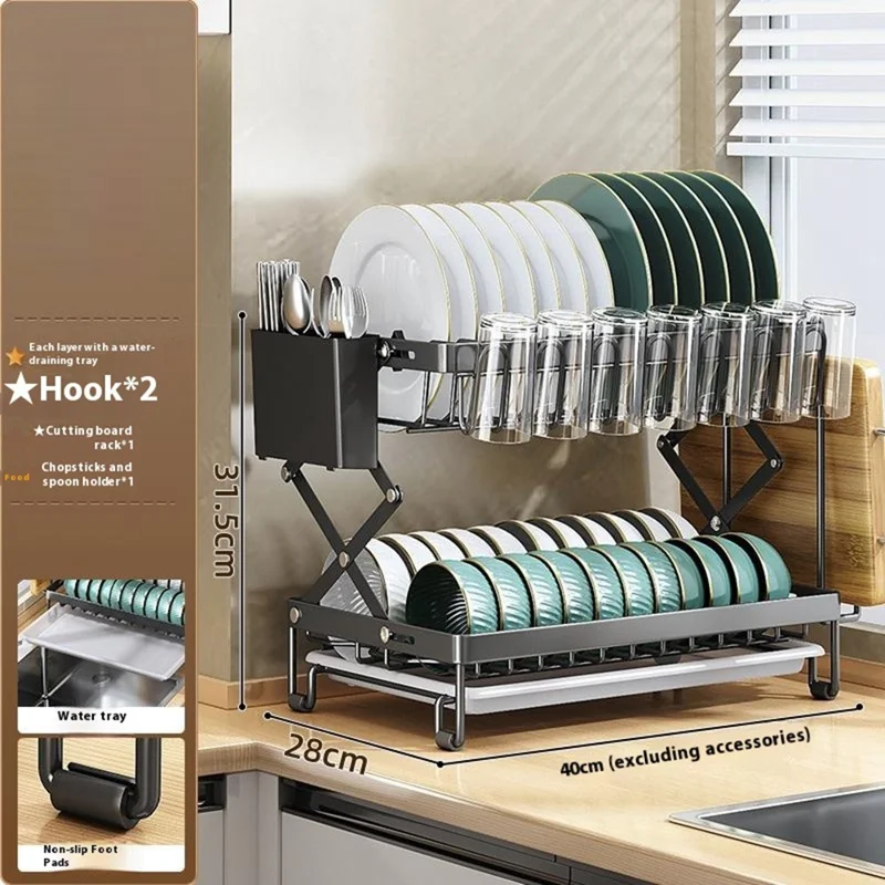Foldable Dish Rack 2-Tier Kitchen Countertop Carbon Steel Organizer Space Saving Drying Shelf With Drip Tray - Black