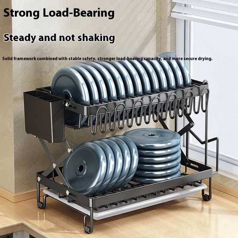 Foldable Dish Rack 2-Tier Kitchen Countertop Carbon Steel Organizer Space Saving Drying Shelf With Drip Tray - Black
