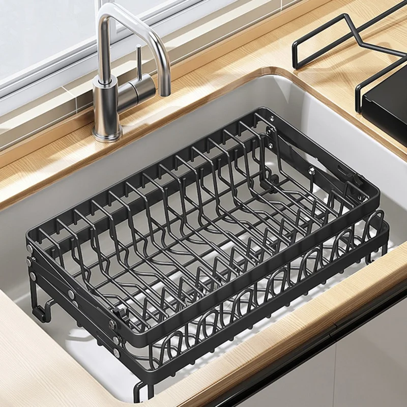 Foldable Dish Rack 2-Tier Kitchen Countertop Carbon Steel Organizer Space Saving Drying Shelf With Drip Tray - Black