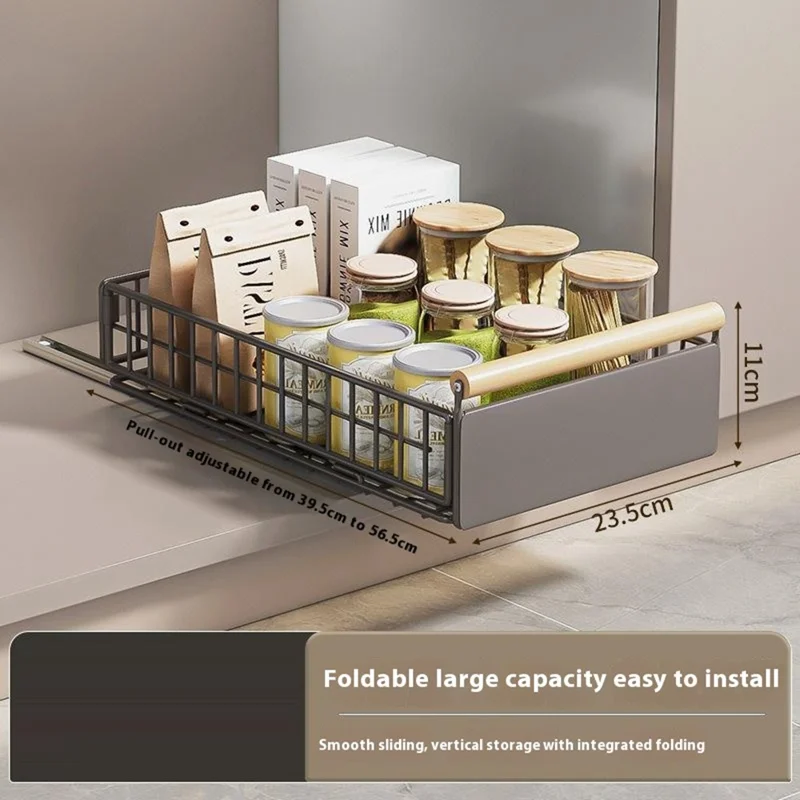 Foldable Pull Out Bowl Cup Drying Rack Carbon Steel Kitchen Organizer Sliding Rail Storage Basket, Size S - Grey