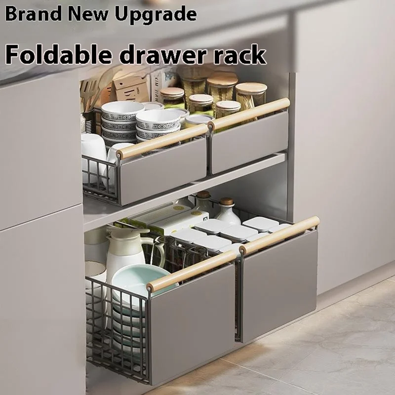 Foldable Pull Out Bowl Cup Drying Rack Carbon Steel Kitchen Organizer Sliding Rail Storage Basket, Size S - Grey