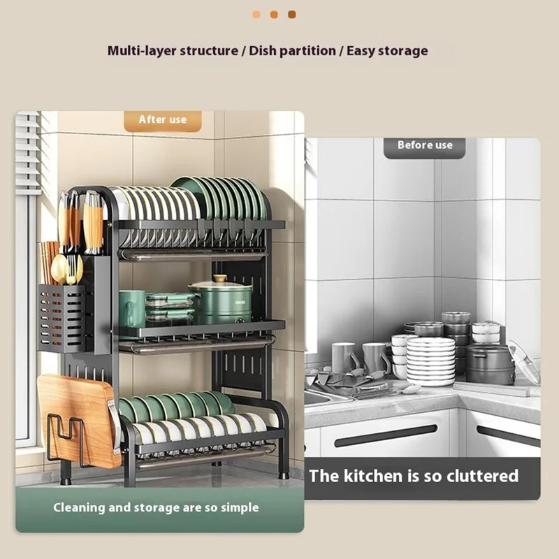 3-Tier Kitchen Dish Drying Rack Carbon Steel Organizer Utensil Holder Countertop Storage Shelf