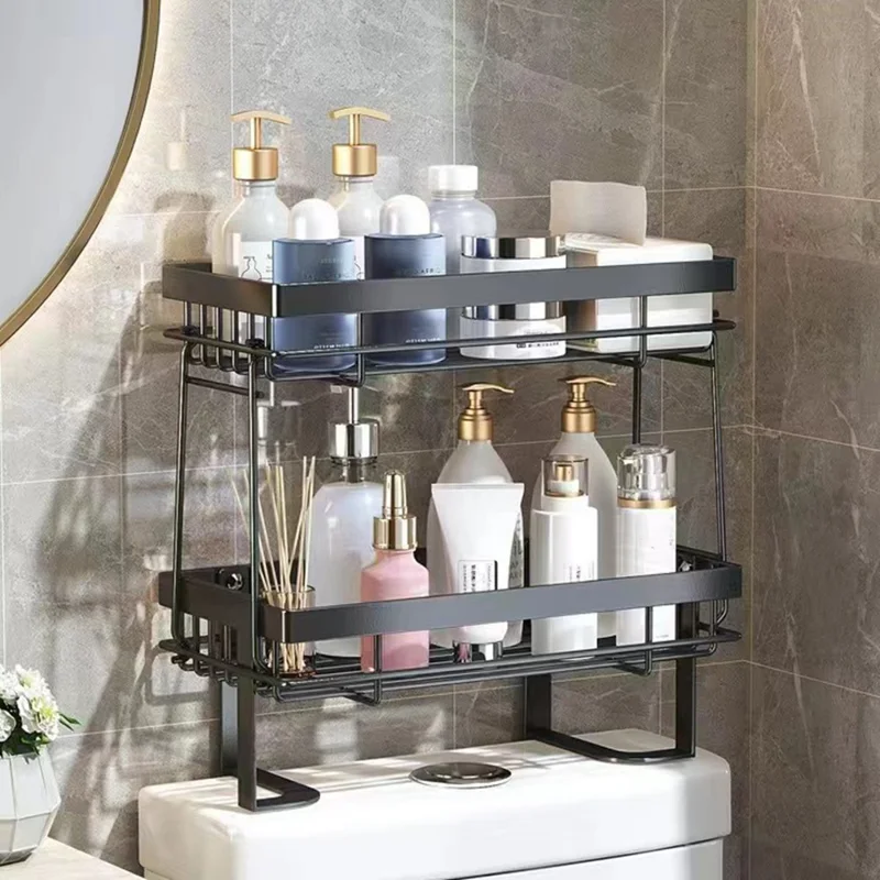 Scaffale di stoccaggio sopra il water a doppio strato Senza fori Organizzatore da bagno in acciaio al carbonio - Nero