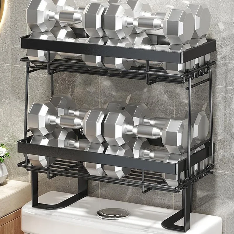 Scaffale di stoccaggio sopra il water a doppio strato Senza fori Organizzatore da bagno in acciaio al carbonio - Nero