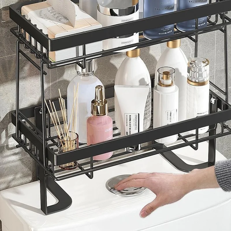 Scaffale di stoccaggio sopra il water a doppio strato Senza fori Organizzatore da bagno in acciaio al carbonio - Nero