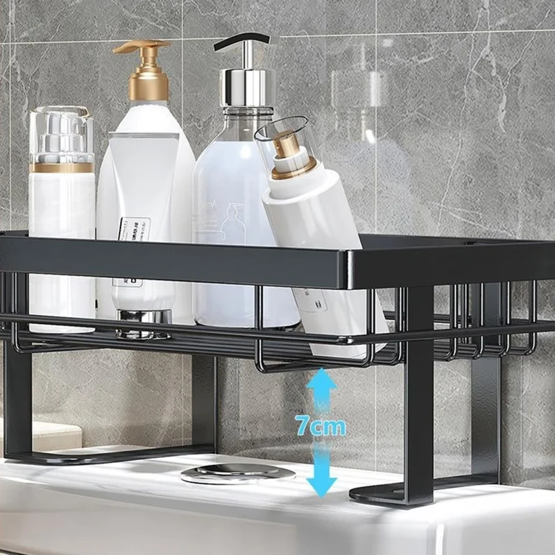 Scaffale di stoccaggio sopra il water a doppio strato Senza fori Organizzatore da bagno in acciaio al carbonio - Nero