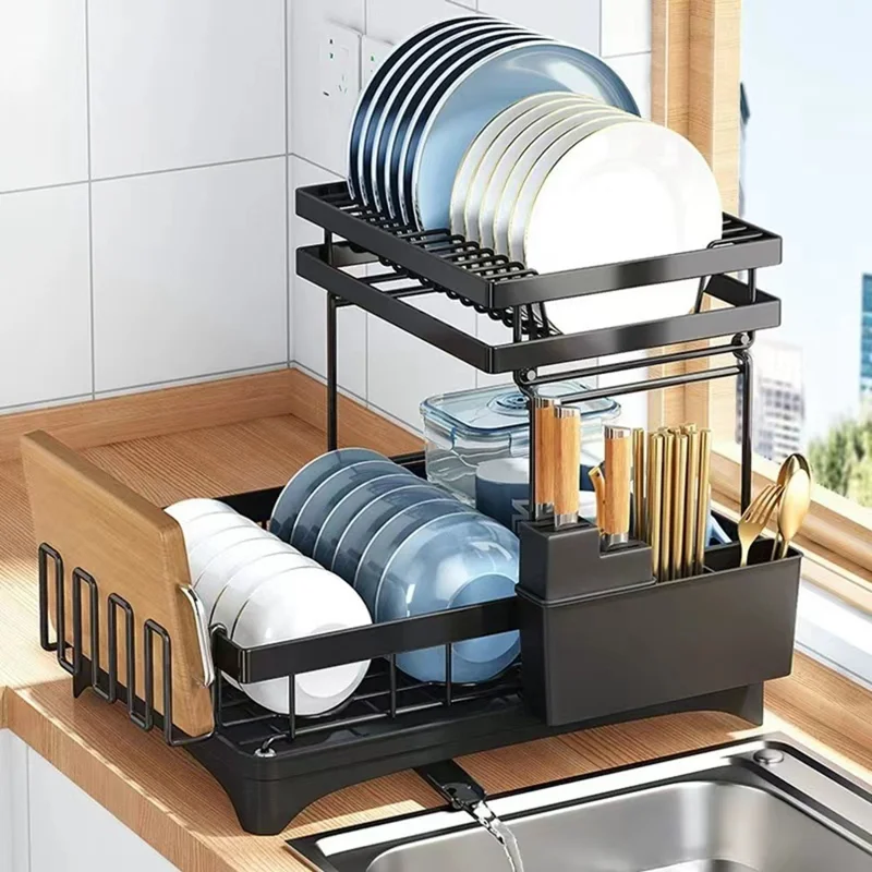 Dual Layer Iron Dish Drying Rack Kitchen Countertop Sink Drainer Dish Bowl Holder with Utensil Holder