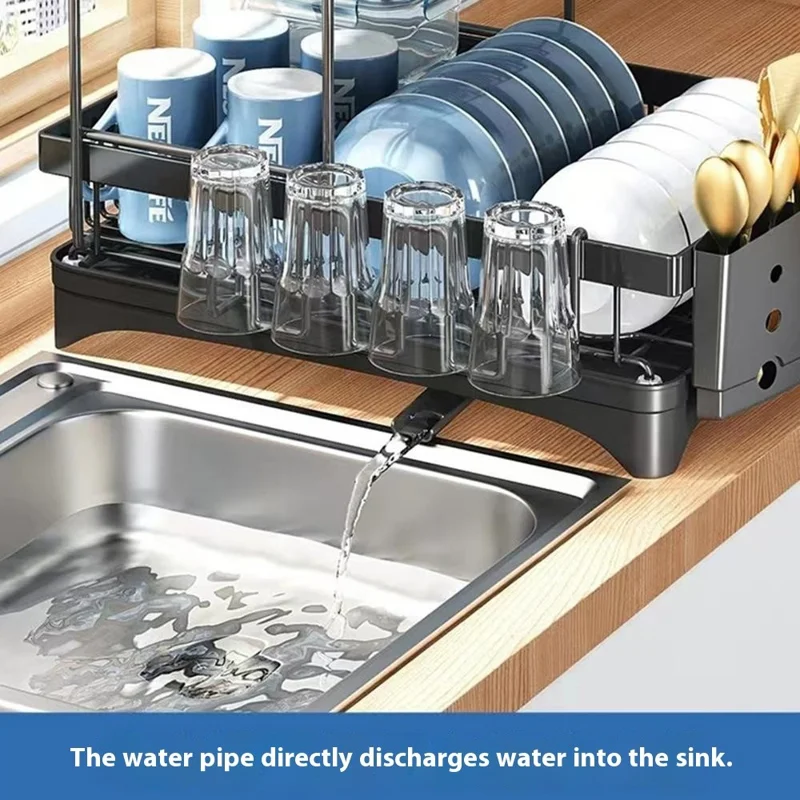Dual Layer Iron Dish Drying Rack Kitchen Countertop Sink Drainer Dish Bowl Holder with Utensil Holder