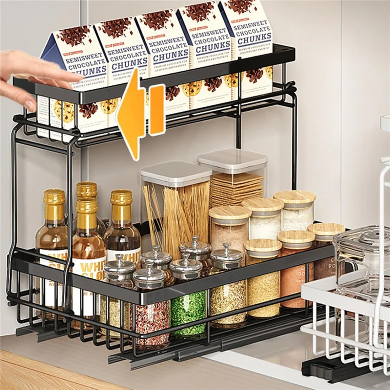 Under Sink Pull Out Organizer Spice Bottles Dual Layer Storage Rack Carbon Steel Sliding Cabinet Storage Basket - Black