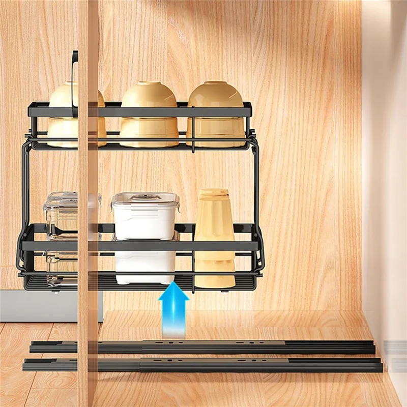 Under Sink Pull Out Organizer Spice Bottles Dual Layer Storage Rack Carbon Steel Sliding Cabinet Storage Basket - Black