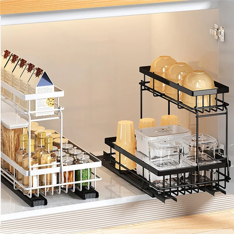 Under Sink Pull Out Organizer Spice Bottles Dual Layer Storage Rack Carbon Steel Sliding Cabinet Storage Basket - Black