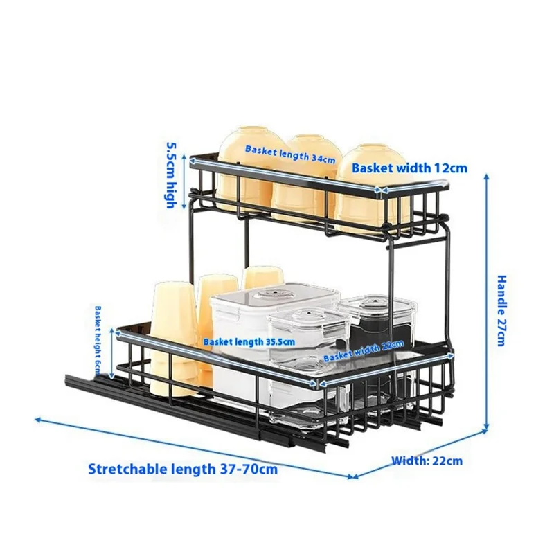 Under Sink Pull Out Organizer Spice Bottles Dual Layer Storage Rack Carbon Steel Sliding Cabinet Storage Basket - Black