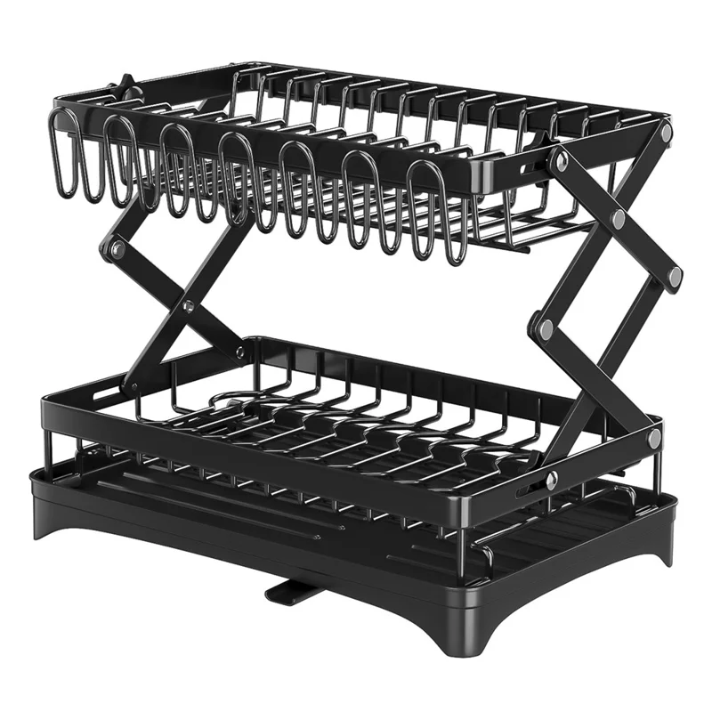 Carbon Steel Foldable Dish Rack Kitchen Countertop Organizer with Cutlery Holder Cutting Board Holder Drip Tray