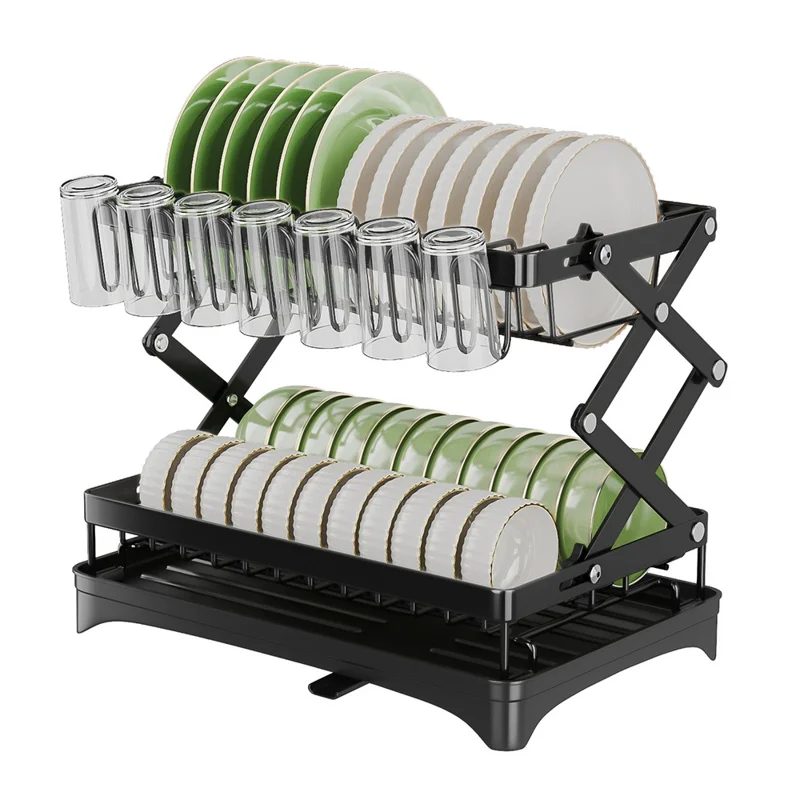 Carbon Steel Foldable Dish Rack Kitchen Countertop Organizer with Cutlery Holder Cutting Board Holder Drip Tray