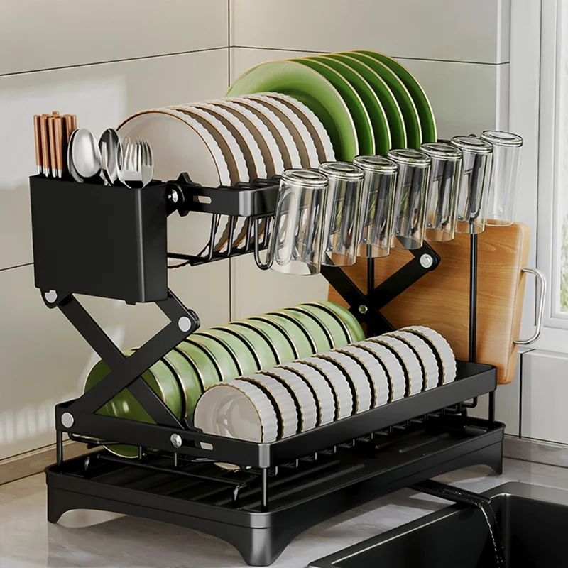 Carbon Steel Foldable Dish Rack Kitchen Countertop Organizer with Cutlery Holder Cutting Board Holder Drip Tray