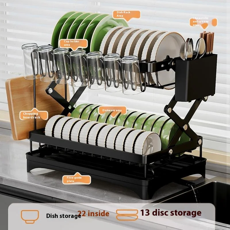 Carbon Steel Foldable Dish Rack Kitchen Countertop Organizer with Cutlery Holder Cutting Board Holder Drip Tray